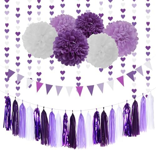 Purple Lavender White Streamers Birthday Banner Baby Bridal Shower Wedding Engagement Bachelorette Graduation Decorations Heart-Garland and Tissue Pom Poms,Women Girl Birthday Supplies Tassel Garland by LastingSurprise