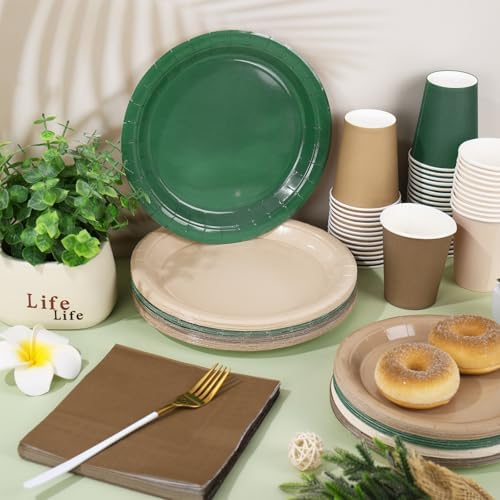 Whaline 244Pcs Woodland Tableware Set Serves 48 Sage Green Brown Disposable Dinnerware 48 9" Plates 48 7" Plate 48 9oz Cups 100 Napkins for Baby Shower Forest Party Supplies - Image 4