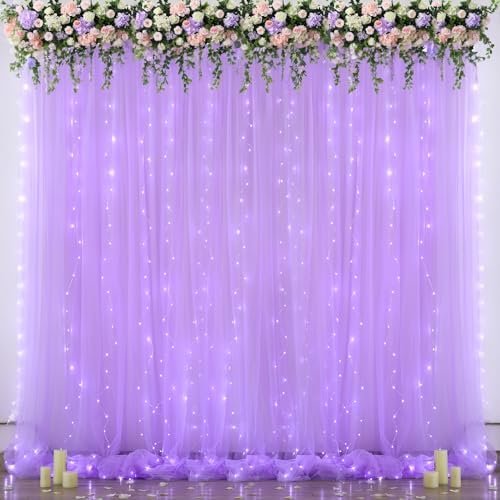 Lavender Sheer Backdrop Curtain with Led Lights for Baby Shower Girls Wedding10ft X 10ft Lavender Tulle Backdrop Curtain for Bridal Shower Birthday Party Photoshoot Arch Background Decorations - Image 2