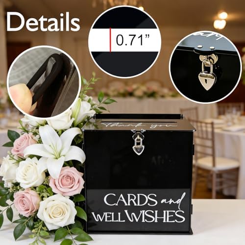 Black Acrylic Card Box with Lock & Slot, Gothic Wedding Card Boxes for Reception, Elegant Money Envelop Gift Cards Box for Party Wedding Birthday Baby Shower Graduation Table Decor - Image 5