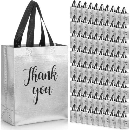 Fumete 100 Pcs Silver Glossy Thank You Gift Bag with Handles by Fumete