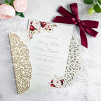ponatia 25PCS Hollow Rose Laser Cut Wedding Invitations Cards with Envelopes, Printable Paper with Burgundy Ribbons For Wedding Bridal Shower Engagement Sweet 16 Birthday Invite (Gold Glitter) - Image 4