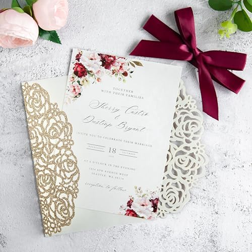 ponatia 25PCS Hollow Rose Laser Cut Wedding Invitations Cards with Envelopes, Printable Paper with Burgundy Ribbons For Wedding Bridal Shower Engagement Sweet 16 Birthday Invite (Gold Glitter) - Image 4