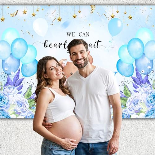 We Can Bearly Wait Backdrop 10 x 8 ft Blue Boho Baby Shower Background - Image 2