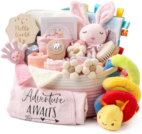 Baby Shower Gifts for Girls, 24 Piece Deluxe Baby Shower Gift Basket - Baby Girl Gift Basket with Swaddle, Rattle, Bath Towel, Brush, Car Seat Activity Toy & Milestone Cards for New Mom(Pink) by Unknown