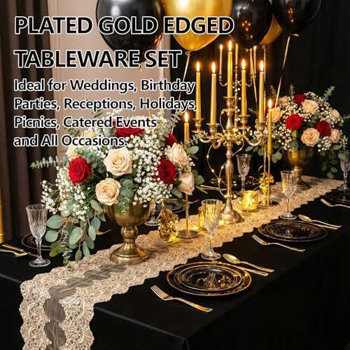 GATHER 350PCS Black Plastic Plates with Gold Rim for Wedding Party - Image 2