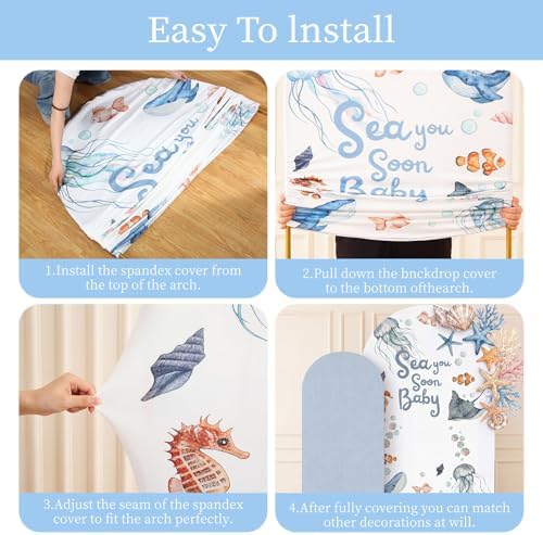Moukeren Sea You Soon Baby Arch Backdrop Cover 6ft and 7.2ft for Ocean Animals Themed Baby Shower Party Gender Reveal Birthday Party Banquet Photo Arches Background Decorations - Image 3