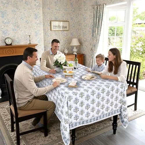 Ridhi Mughal Buta Blue Hand Block Print Cotton Tablecloth 108 x 70 Inch - Image 3