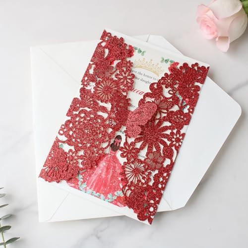 Hosmsua 50PCS Personalized Red Butterfly Invitation 5.12 x 7.3'' Laser Cut Lace Flora Quinceanera Invitation with Envelopes for Bridal Shower Sweet 16, XV Anos Birthday Invite (Red Glitter) - Image 6
