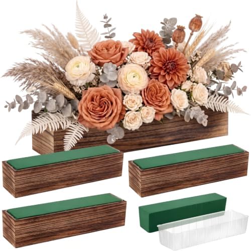 Dandat 4 Set Wood Rectangle Boxes 16x4 Inch Rustic Planter with Liner by Dandat
