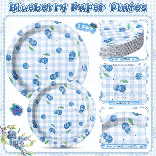 Honeydak 210 Pcs Blueberry Party Supplies for 30 Guests, Includes Plates, Cups, Napkins, Cutlery - Blueberry Checked Birthday Tableware Decorations for 1st Birthday, Summer Fruit Party - Image 4