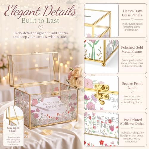 Leinuosen Glass Wedding Card Box with Slot and Lock, Gold Rim - Image 4
