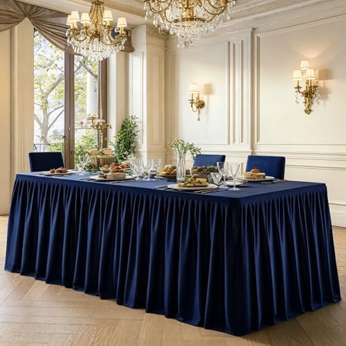 Wish Care Navy Blue Table Clothes for Rectangle Tables 6ft, Wrinkle Resistant Fitted Table Cloth with Pleated Ruffle Skirts for Banquet Wedding Baby Shower Folding Tables - Image 2