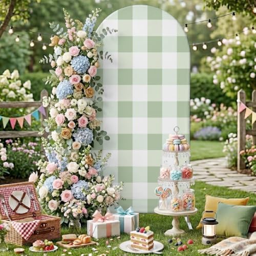 Spring Green Plaid Arch Backdrop Cover 6.6 FT, Simple Art Green Gingham Striped Wedding Arch Cover Stretchy Backdrop Stands Covers for Birthday Bridal Party Celebration Ceremony Banquet Decor - Image 4