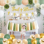 Sage Green and Gold Baptism Party Decorations - First Communion Decorations Boys Girls Christening Decor God Bless Banner Garland Tissue Paper Pom Poms and Balloons for Mi Bautizo Party Supplies - Image 5