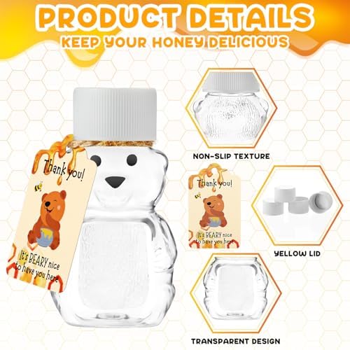 Funnymoom 96 Sets 2 oz Plastic Honey Bear Bottle Bear Shape Clear Empty Honey Jar 96 Tags 2 Rolls Jute Rope Honey Containers Empty Honey Dispenser for Baby Shower Party Favors Gifts (White Lid) - Image 3