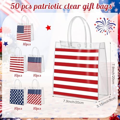 Canchiing 50 Pcs Patriotic Clear Gift Bags Labor Day Gift Bag with Handles - Image 2