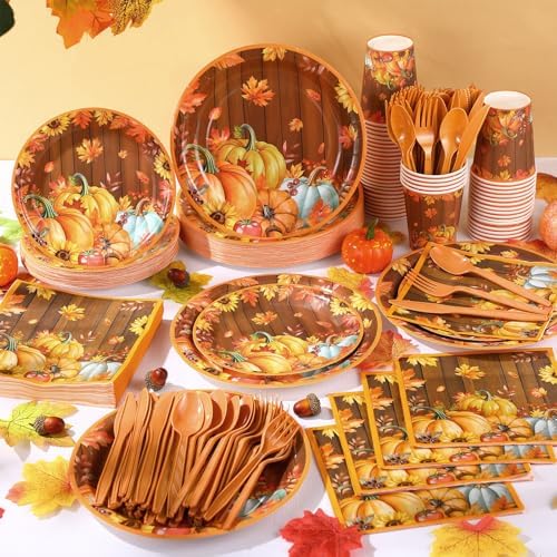 Pickmesh 400 Pcs Party Supplies Disposable Paper Plates Napkins and Cups Decorations for Men Women(Autumn Pumpkin,Orange) - Image 5