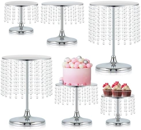 Metal Mirror Cake Stand Set with Crystal Pendants - Elegant Dessert Table Display for Weddings, Birthday Parties, Baby Showers, Events - Sturdy Crystal Bling Cupcake Stands for Pastries, Sweets, Decorations (Silver, Set of 6) by kehail