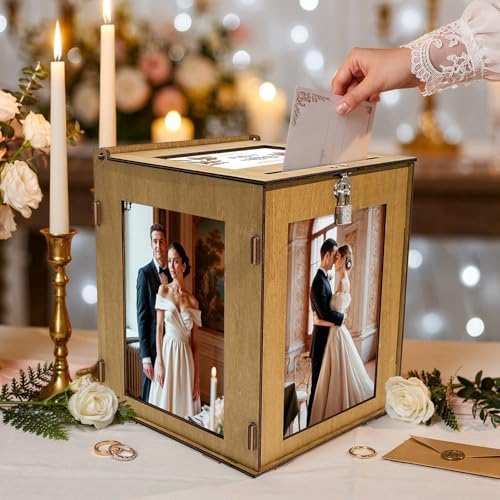 OurWarm Wooden Wedding Card Box with Acrylic Picture Frame, 360° Rotatable - Image 6
