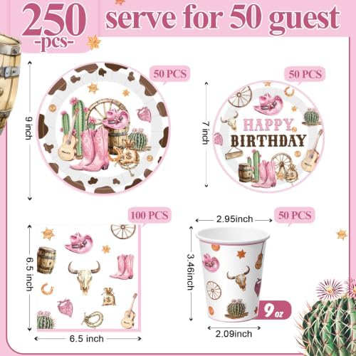Pickmesh 250 Pcs Cowgirl Birthday Party Decoration Pink Plate Serve 50 - Image 2