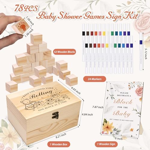 78 PCS Shower Games Sign Kit, Wooden Box and Sign, Blank Wooden Blocks for DIY Drawing, Markers, Shower Game for Gender Reveal Activity, Shower Ideas Decorations, Bear A - Image 2