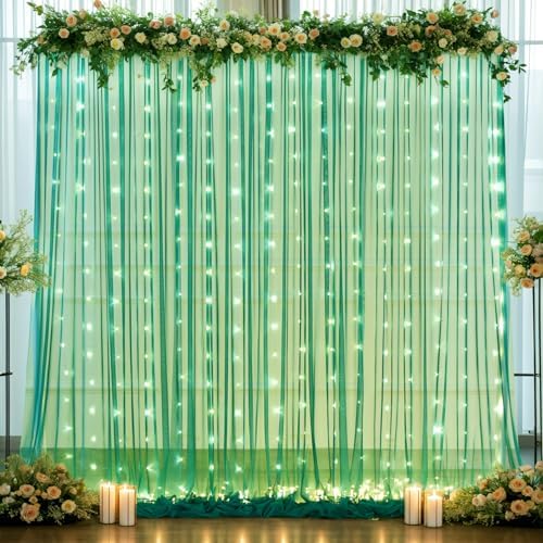10ft x 10ft Hunter Green Tulle Photo Backdrop Curtain with Lights String for Christmas Party Sheer Curtain Backdrop Drapes for Birthday Party Holiday Wedding Photo Booth Background Room Decorations by Suppromo