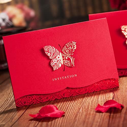 Hosmsua 50PCS Personalized Red Laser Cut Lace Flora Invitations Cards with Gold Butterfly and Envelopes for Bridal Shower Wedding Quinceañera Invitation - Image 2