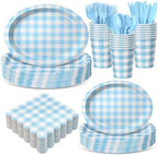Pajean 350 Pcs Gingham Paper Plates and Napkins, Blue White by Pajean