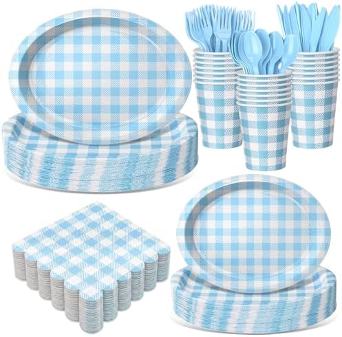 Pajean 350 Pcs Gingham Paper Plates and Napkins, Blue White by Pajean