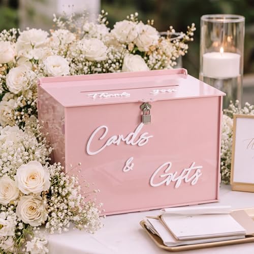 BreezeHug 14" Pink Acrylic Wedding Card Box with Lock & 3D Letters by Unknown
