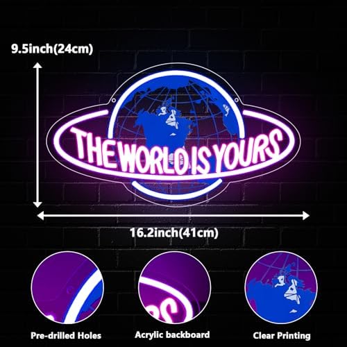 The World is Yours Neon Sign, Led Neon Light Signs for Game Room Wall Decor Gaming Planet LED Light up Sign Lamp for Man Cave Party Bedroom Bar Birthday Gamer Gift Dimmable USB Powered(16.2"*9.5") - Image 3