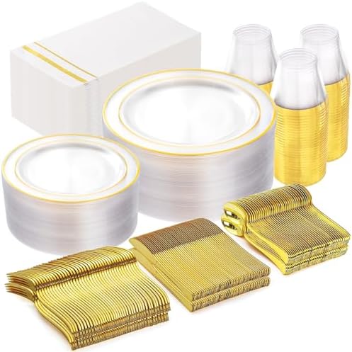 GATHER 350PCS Clear Plastic Plates with Gold Rim for Wedding and Party by Gather