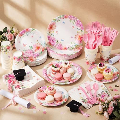 400 Pcs Floral Disposable Paper Plates Napkins and Cups Serves 50 Spring Watercolor Pink Floral Tableware Set for Wedding Tea Party Decoration Bridal Shower Baby Shower Mother's Day - Image 4