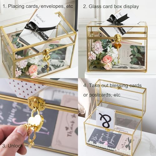 Glass Wedding Card Box with Slot and Lock, Large Clear Card Box Gold Brass Gift Card Storage Box with Lock for Wedding Receptions, Baby Shower, Birthday Party, Bridal Shower - Image 5