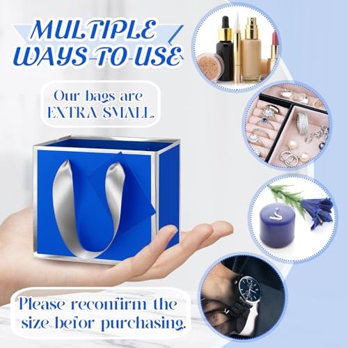 Yeaqee 50 Pcs Mini Metallic Paper Gift Bags with Handle, Royal Blue, Silver - Image 3