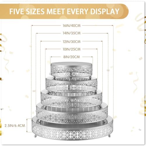 Wenqik 5 Pcs Metal Silver Cake Stand,16/14/12/10/8 In Round Cake Holder - Image 2
