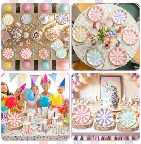 Yungyan 216 Pcs 72 Guests Pastel Paper Plates and Napkins 9 oz Party Cups 6" Scalloped Pastel Dessert Plates Colorful Stripe Disposable Tableware Set for Birthday Ice Cream Carnival Party Supplies - Image 6