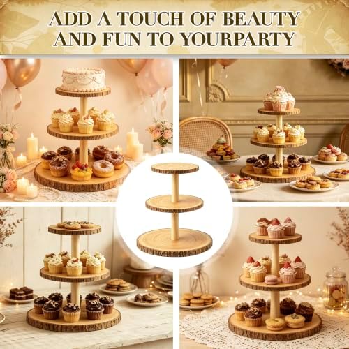 3-Tier Round Wooden Cupcake Stand, Rustic Natural Bark Wood Dessert Display Tower Platter for Wedding, Birthday, Baby Shower, Tea Party & Farmhouse Party Buffet - Image 5