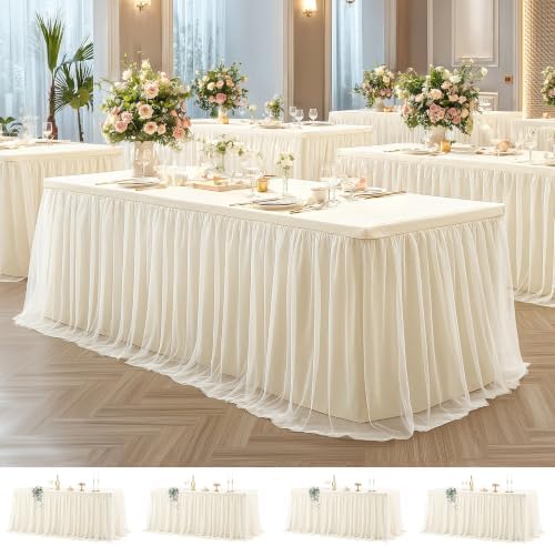 Wish Care 4 Pack Ivory Tulle Tablecloth for 6 Foot Rectangle Tables Stretch Fitted Rectangular Table Cloths Wrinkle Free Ruffle Table Covers Tutu Skirt for Wedding Birthday Party Baby Shower Cake by WishCare