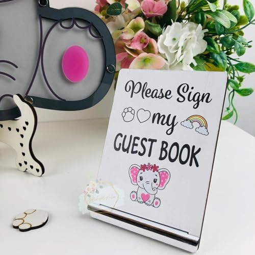 Elephant Baby Shower Guest Book Alternative Drop Box Frame Wood Girl Pink - Image 3