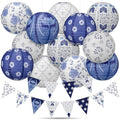 12 Pcs Chinoiserie Party Decorations Set 10" Blue and White Porcelain Paper Lanterns Triangle Flag Bunting Banner Chinese Japanese Hanging Decorations for Wedding Birthday Party Baby Shower Home Decor by RoundFunny