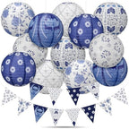12 Pcs Chinoiserie Party Decorations Set 10" Blue and White Porcelain Paper Lanterns Triangle Flag Bunting Banner Chinese Japanese Hanging Decorations for Wedding Birthday Party Baby Shower Home Decor by RoundFunny