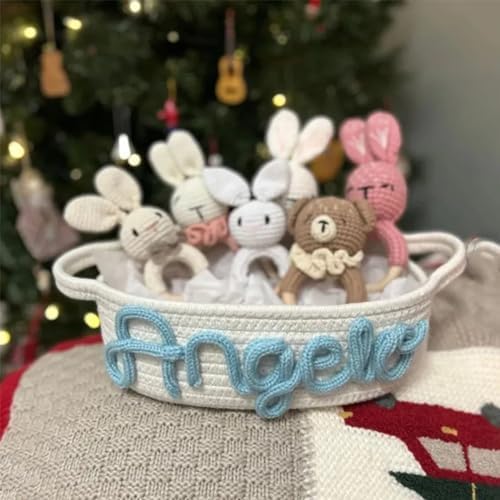 Personalized Cute Small Woven Basket with Handles, Custom Cotton Rope Room Shelf Storage Basket, Empty Decorative Gift Basket, Decorative Round Bin for Nursery Bedroom Bathroom (Style D) - Image 4