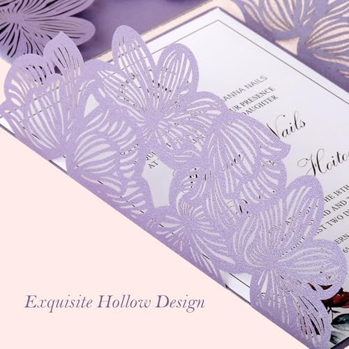 50Pcs Light Purple Wedding Invitations with Envelopes and RSVP Cards - Image 5