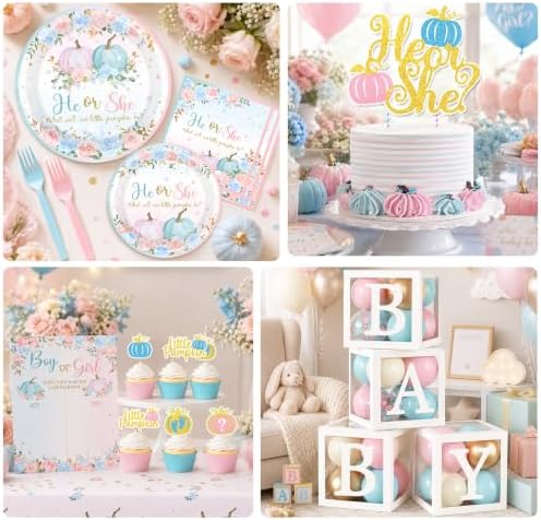 Pumpkin Gender Reveal Decorations - Fall Baby Shower Party Set With Tableware,Banner,Box,Balloon Arch What Will Our Little Pumpkin Be Decorations for Fall He or She Gender Reveal Party - Image 5