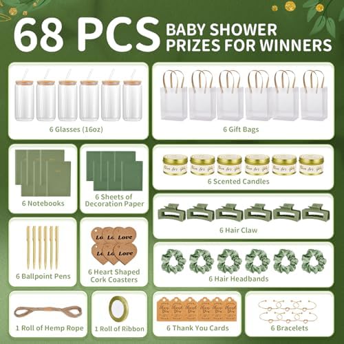 68Pcs Baby Shower Prizes for Game Winners Gifts Wedding Bridal Shower Gifts Including Glass Cans Notebooks Soy Candles Hair Clips for Baby Shower Wedding Bridal Shower Game Prizes (6, Green) - Image 3