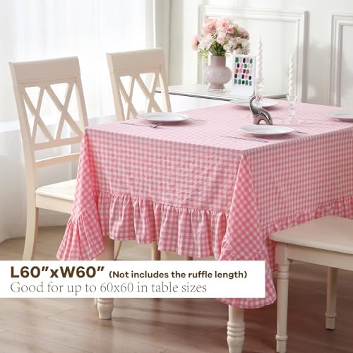 Coral Pink White Gingham Ruffle Tablecloth Square 60"x60" - Image 2