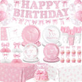 194 Pcs Pink Bow Birthday Decorations (Serves 24), Plates Napkins Cups Knifes Forks Hanging Swirls Cake & Cupcake Toppers, Banner Tablecloth Balloons Centerpieces for Girls Bachelorette Party Decor by Kinovo