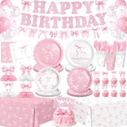 194 Pcs Pink Bow Birthday Decorations (Serves 24), Plates Napkins Cups Knifes Forks Hanging Swirls Cake & Cupcake Toppers, Banner Tablecloth Balloons Centerpieces for Girls Bachelorette Party Decor by Kinovo